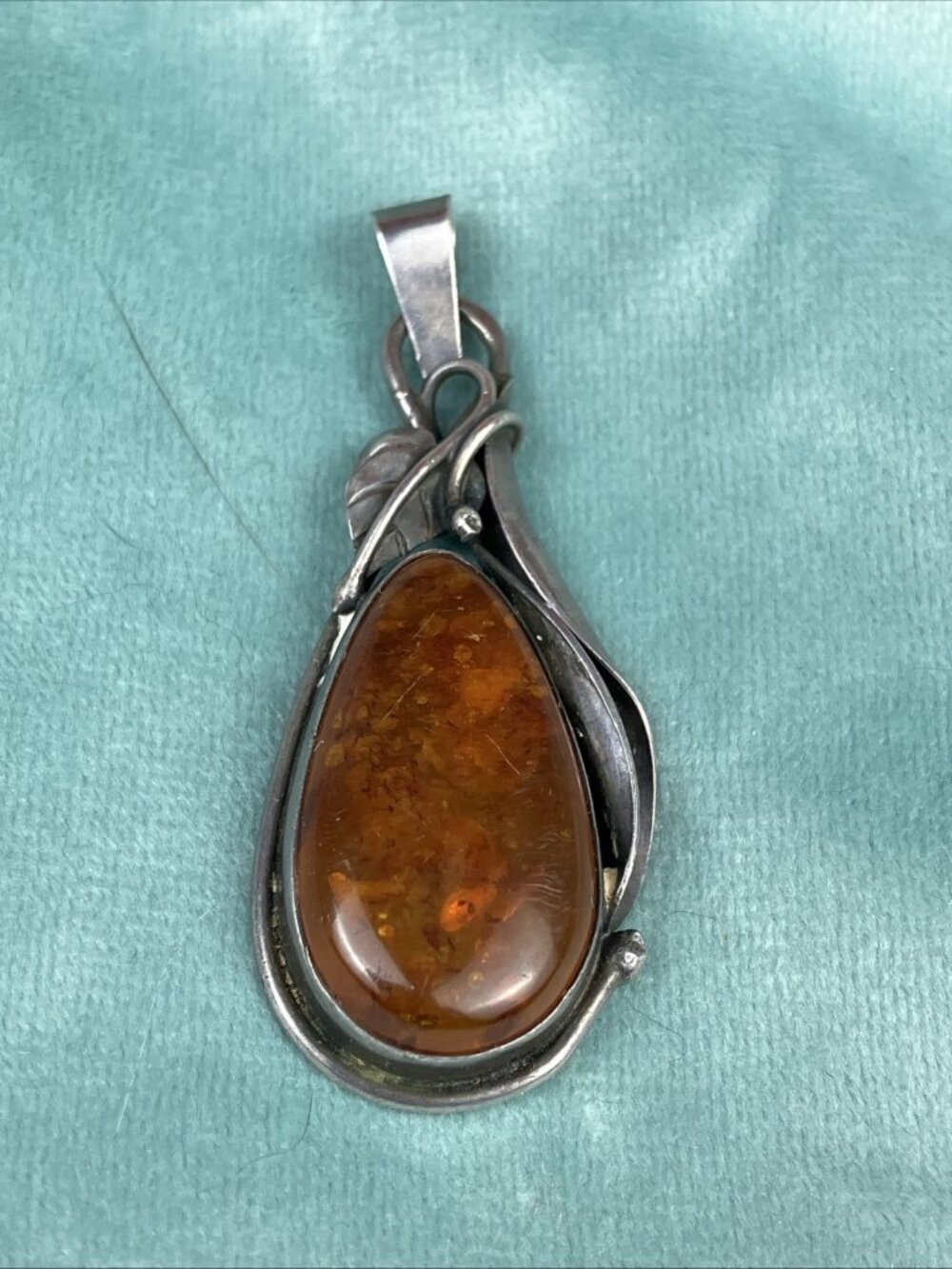 MK Sterling Silver Amber Teardrop Art Nouveau Pendant Antique